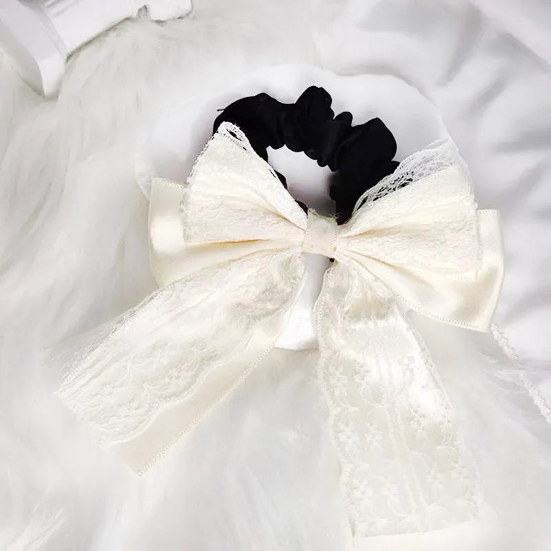 Velvet lace double layer ribbon bowknot hair ring in ivory white and red colours with high elasticity