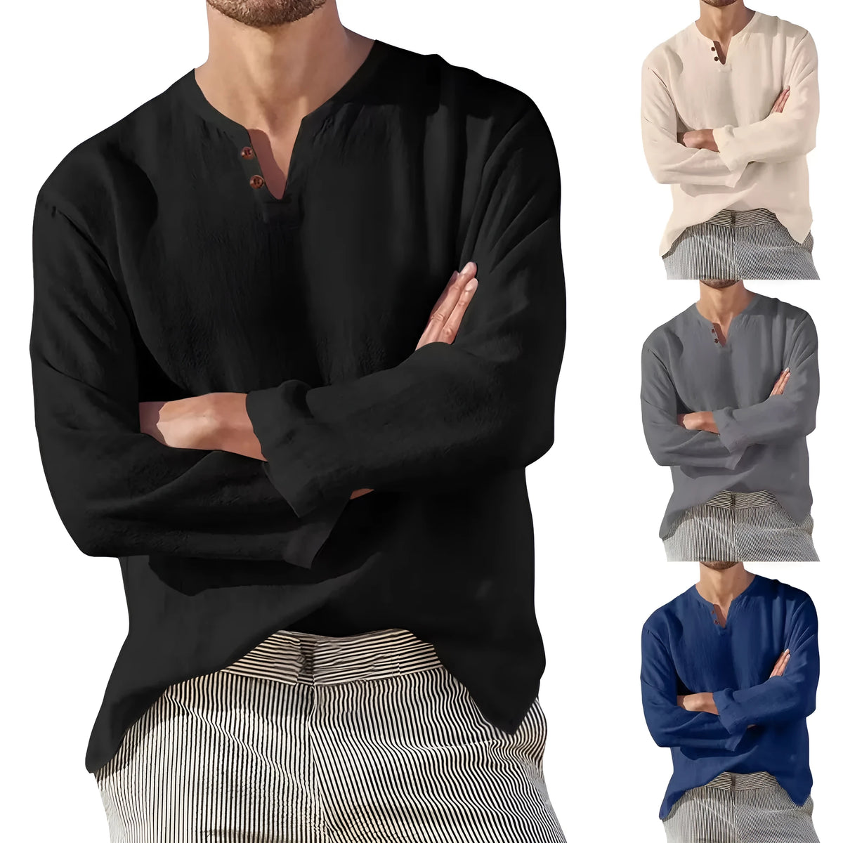 Men's cotton blend long sleeve V-neck casual shirt in blue, grey, black or apricot, sizes L to 5XL