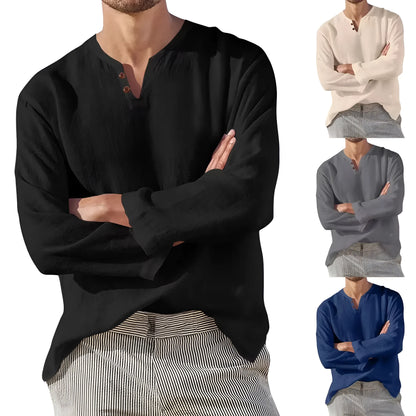 Men's cotton blend long sleeve V-neck casual shirt in blue, grey, black or apricot, sizes L to 5XL