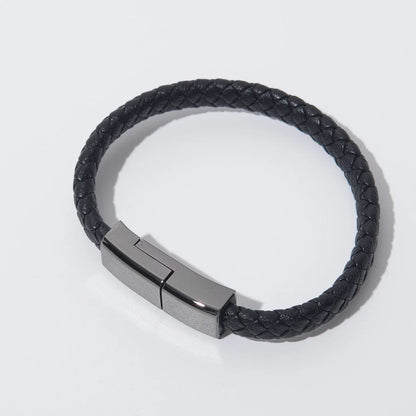 Stylish leather bracelet with built-in charging cable for smartphones and USB-C devices