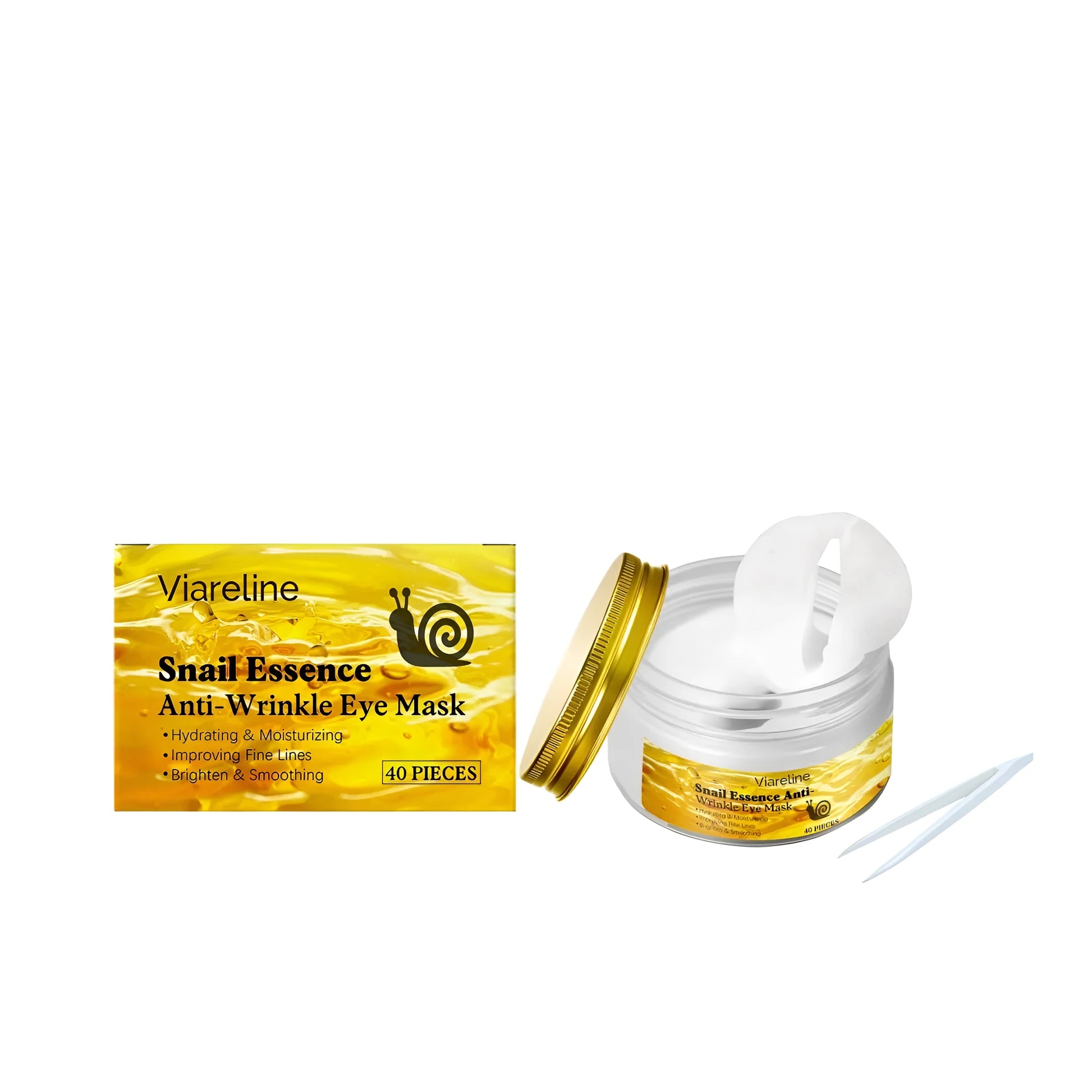 Snail Light Wrinkle Eye Mask 40 pack box with tweezers and individual mask patches.