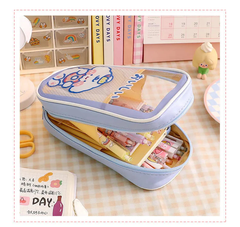 Transparent PVC pencil case with Korean cartoon pattern of candy bear design