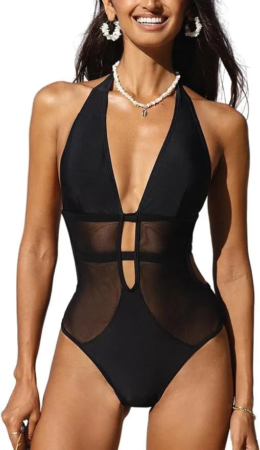 Black women's V-neck swimsuit with mesh hanging neck detail