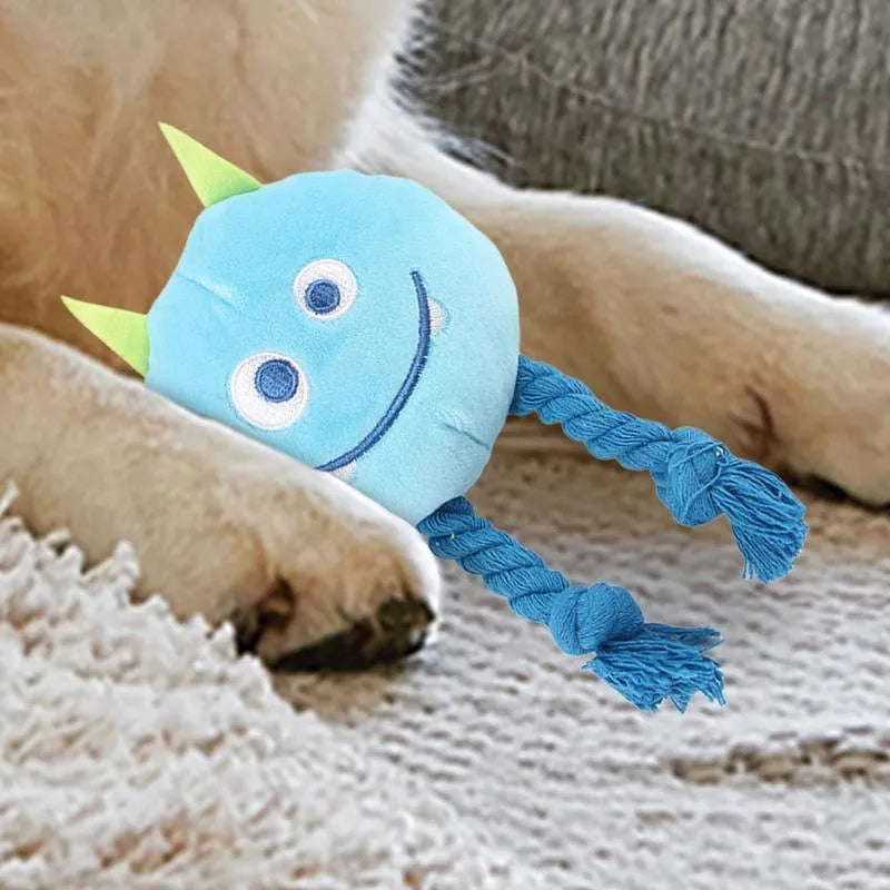 Blue and yellow cotton rope dog squeaky toy with knot design and PP cotton filling