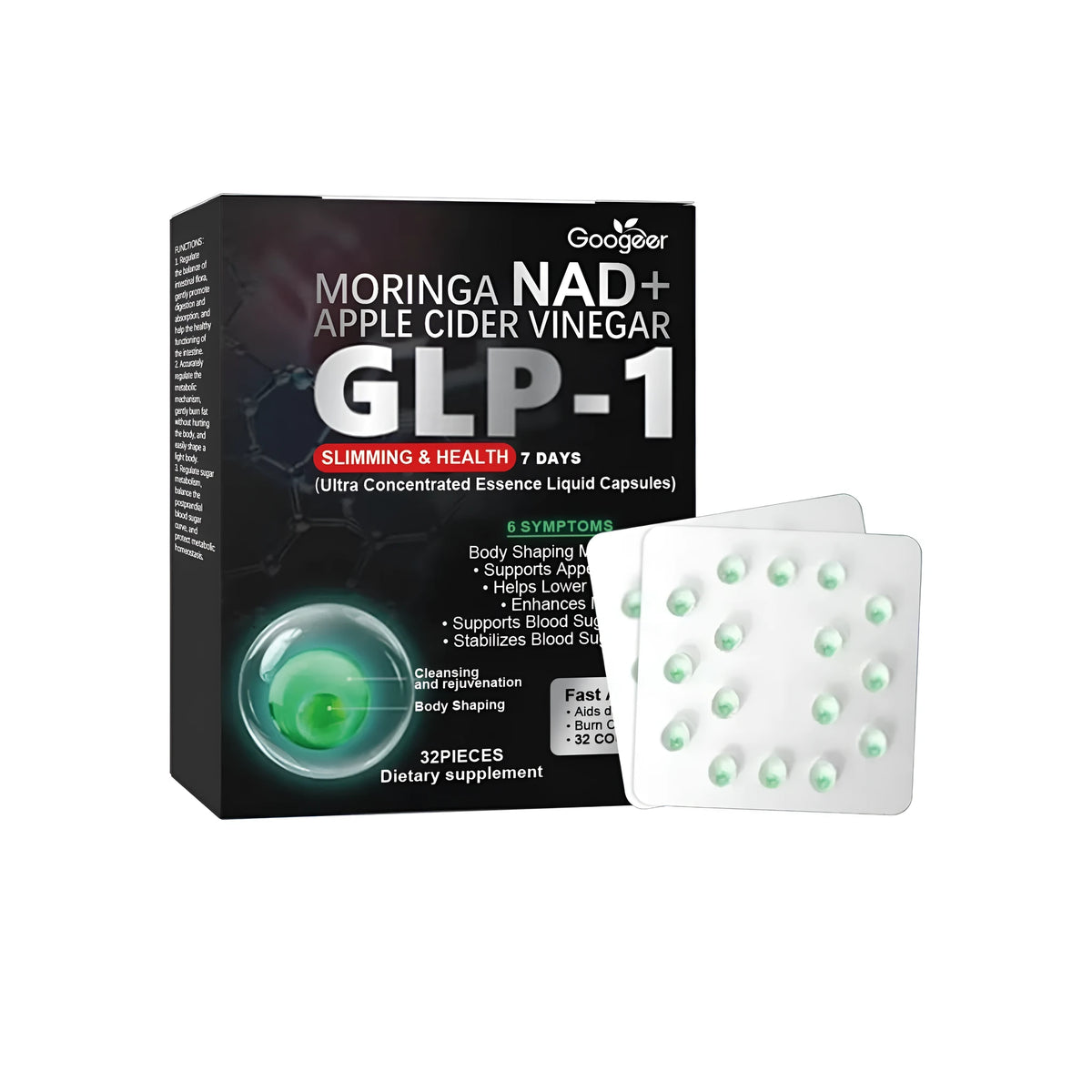 Bottle of 32 turmeric and moringa leaf extract dietary supplement blasting beads with NAD+