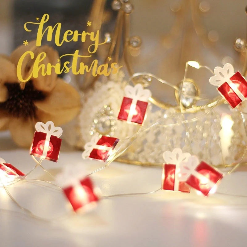 Copper wire LED Christmas decoration lights featuring festive designs like bells, trees, and elks