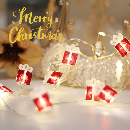 Copper wire LED Christmas decoration lights featuring festive designs like bells, trees, and elks