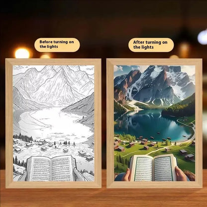 Modern rectangular light painting photo frame displaying an illuminated cross and scenic artwork.