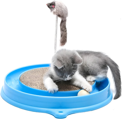 Blue cat scratcher with ball track and replaceable 9.7-inch cardboard pad measuring 40x40cm