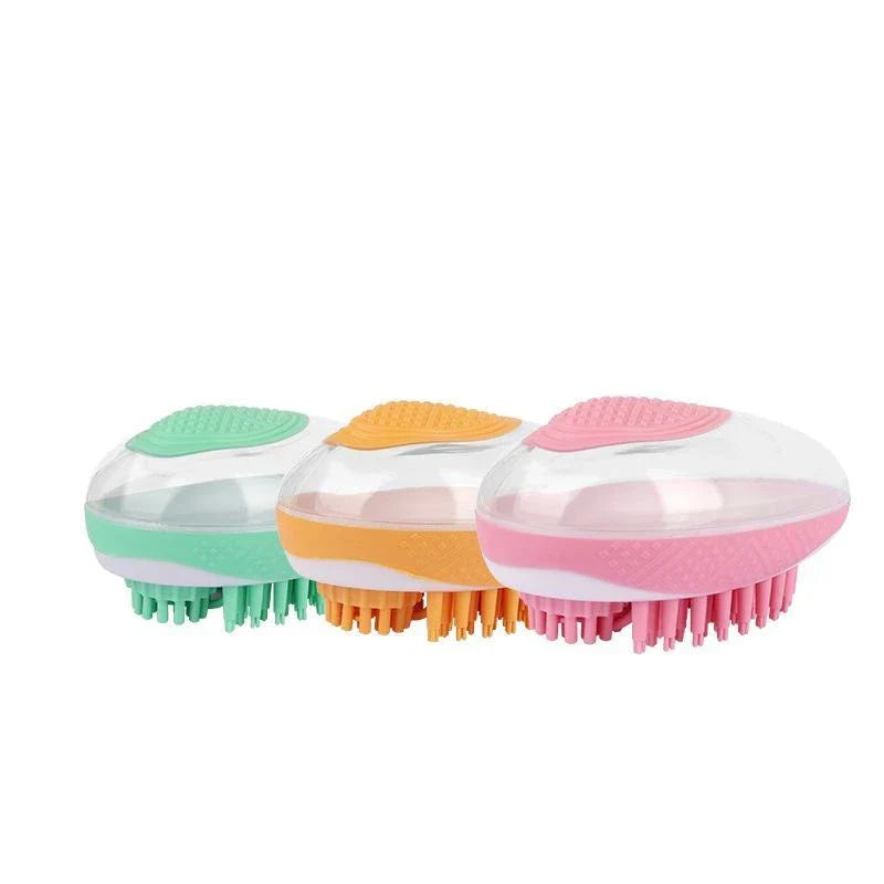 2-in-1 pet grooming brush with soft silicone bristles, shampoo reservoir, and ergonomic grip for bathing and massaging cats and dogs