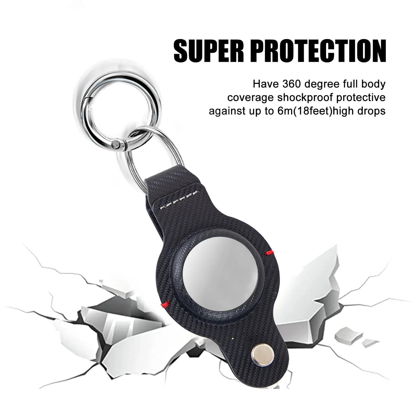 Premium PU leather AirTag keychain holder in black and grey colors for secure tracking of valuables