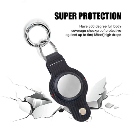 Premium PU leather AirTag keychain holder in black and grey colors for secure tracking of valuables