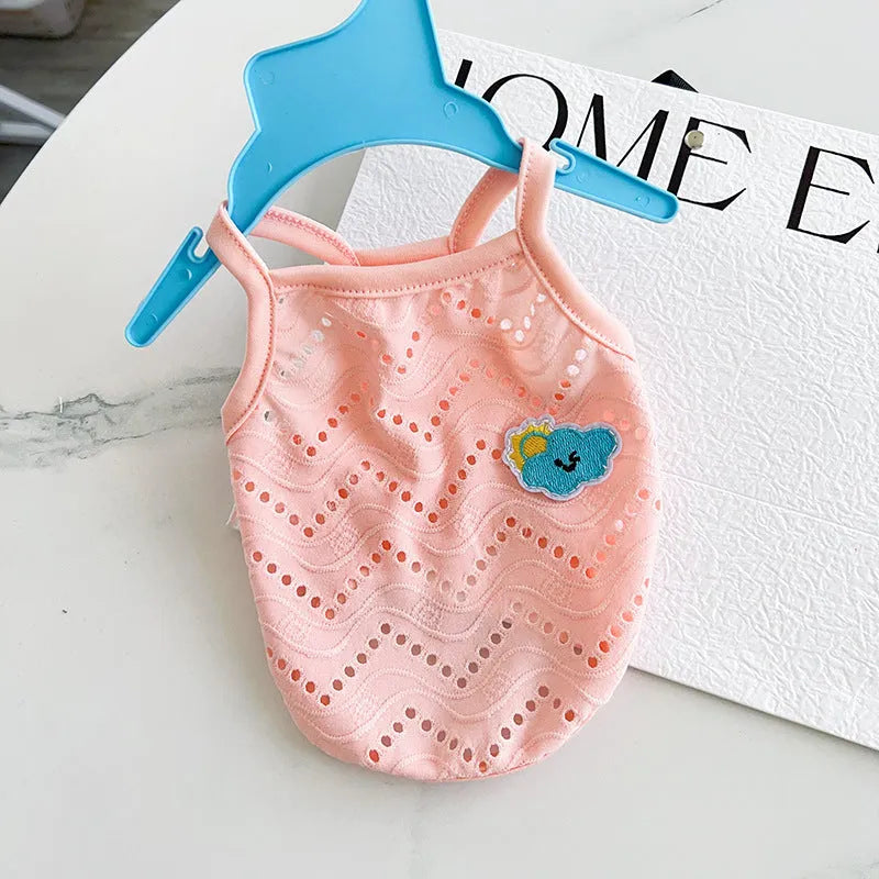 Light blue mesh pet vest with adjustable straps on a mannequin, showing breathable design for dogs and cats.