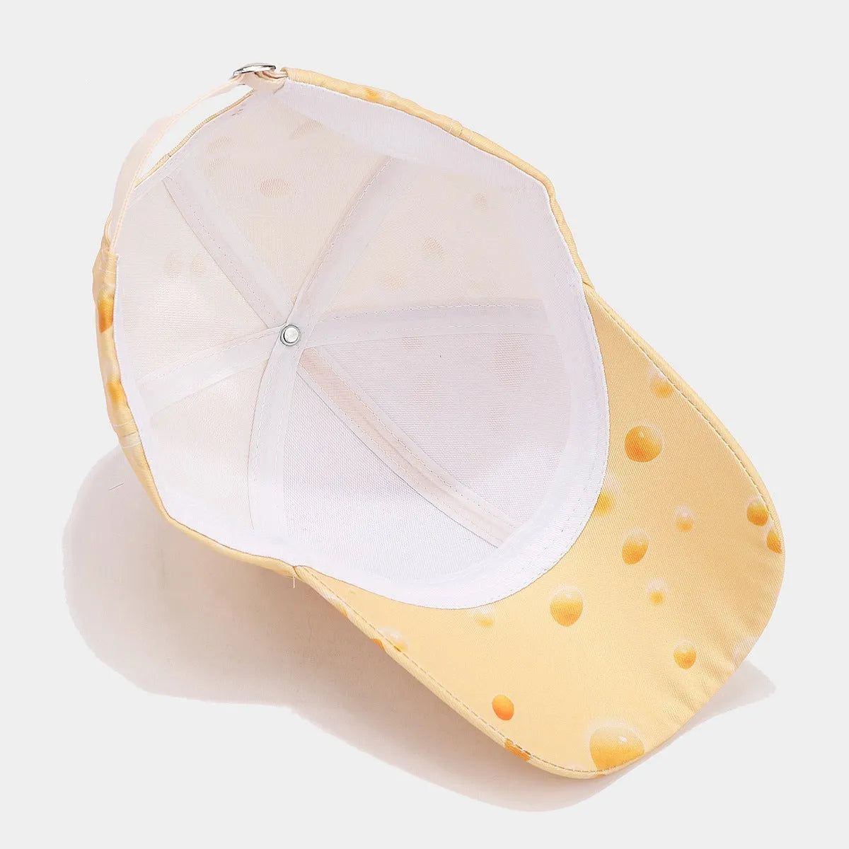 Cheese pattern printed adjustable baseball cap with dome crown and polyester construction