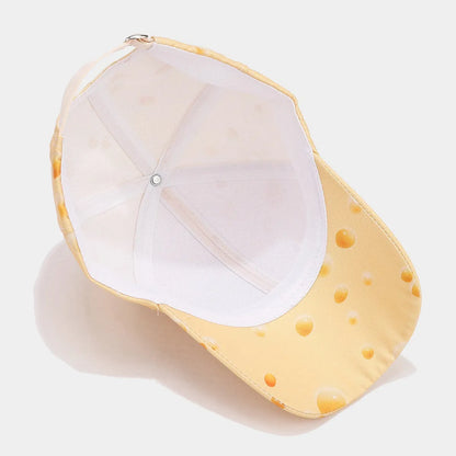 Cheese pattern printed adjustable baseball cap with dome crown and polyester construction