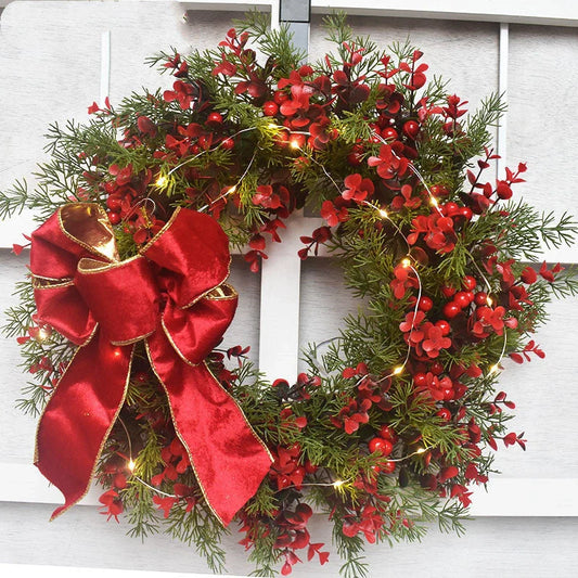 45cm artificial cherry pattern Christmas wreath with LED lights for festive decoration