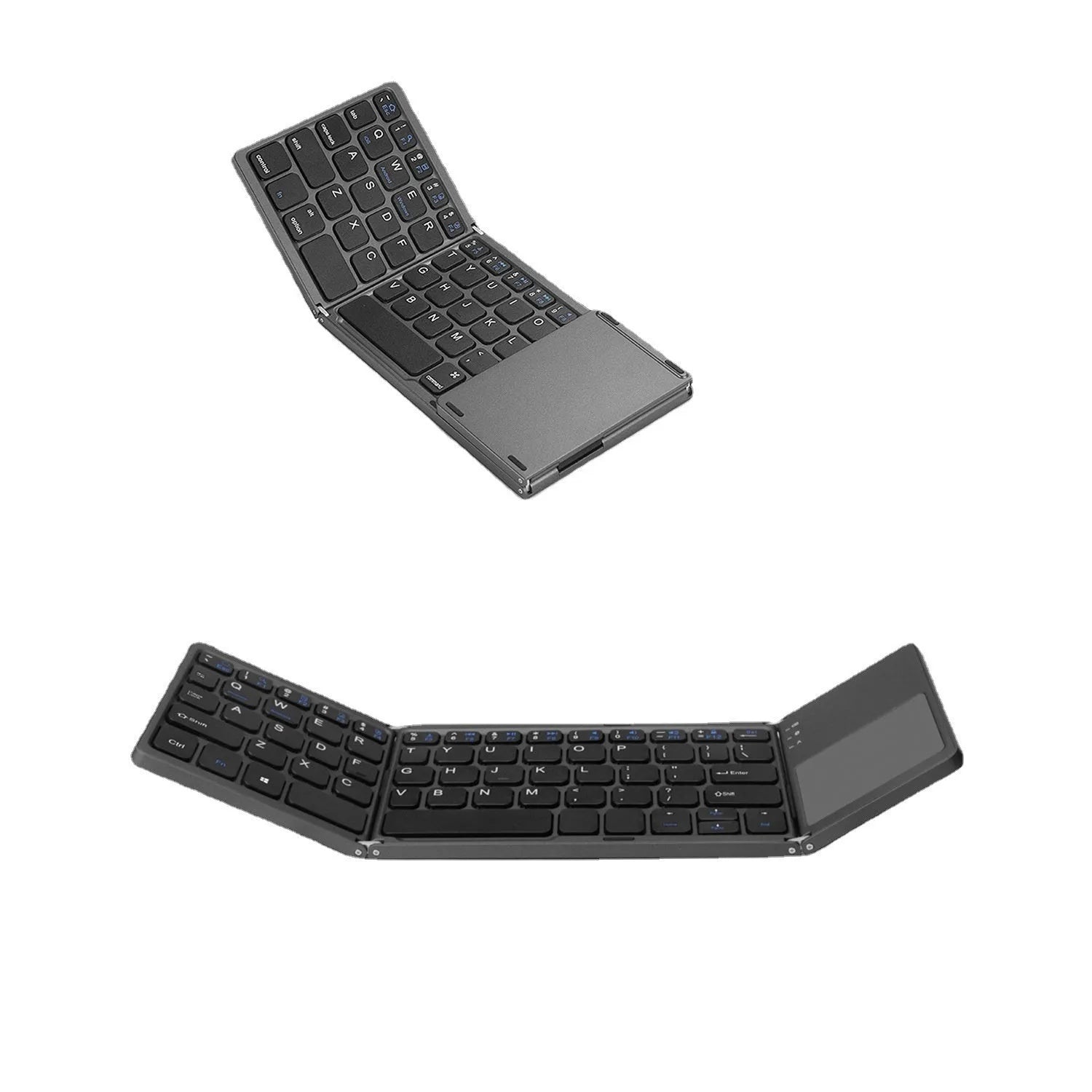 Tri-fold Bluetooth keyboard shown unfolded with thin touch keys in black or silver colour options