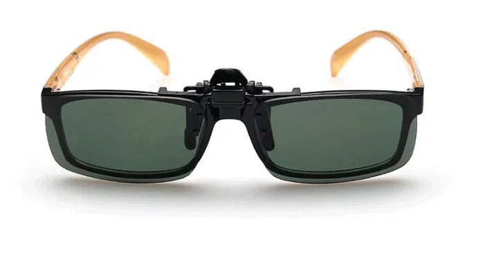 Clip-on sunglasses for prescription glasses in PC material, shown in large and small sizes with different coloured lenses.