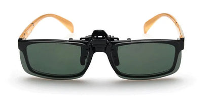 Clip-on sunglasses for prescription glasses in PC material, shown in large and small sizes with different coloured lenses.