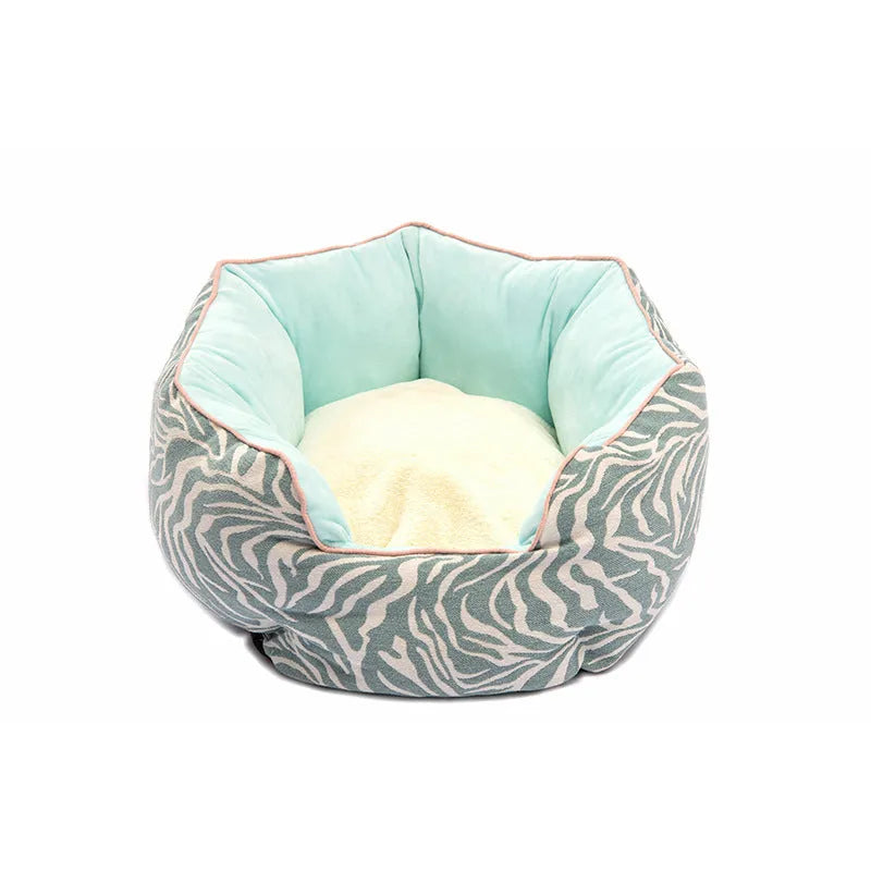 Octagonal fabric pet bed for small dogs and cats with a removable centre mat