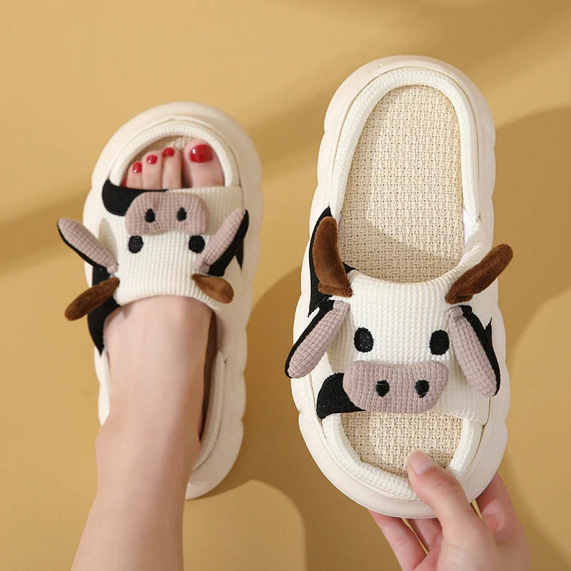 Cartoon Cow Frog Linen Slippers with non-slip PVC sole in various colours