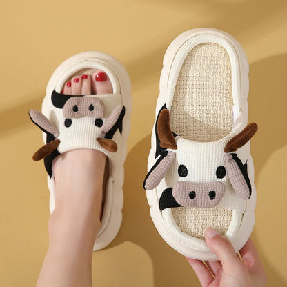 Cartoon Cow Frog Linen Slippers with non-slip PVC sole in various colours