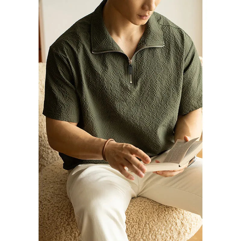 Men's loose-fit cedar green short-sleeve t-shirt made from ice silk polyester fabric.