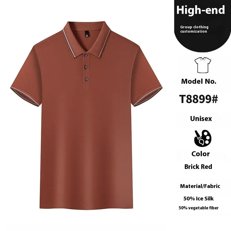 Solid colour Ice Silk polo shirt for work and casual wear in various colours on a hanger.