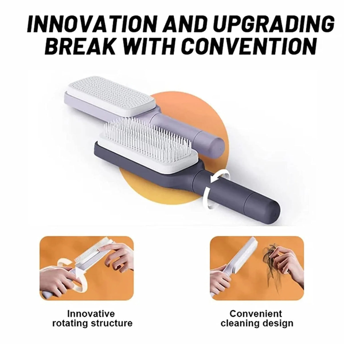 Purple and grey self-cleaning hair brush with rotating handle for easy debris removal