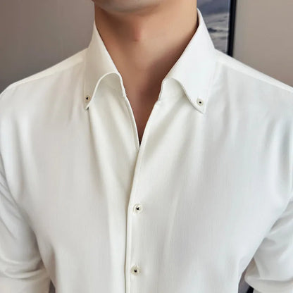 Men's slim fit long-sleeved denim shirt in black, shown on a model.