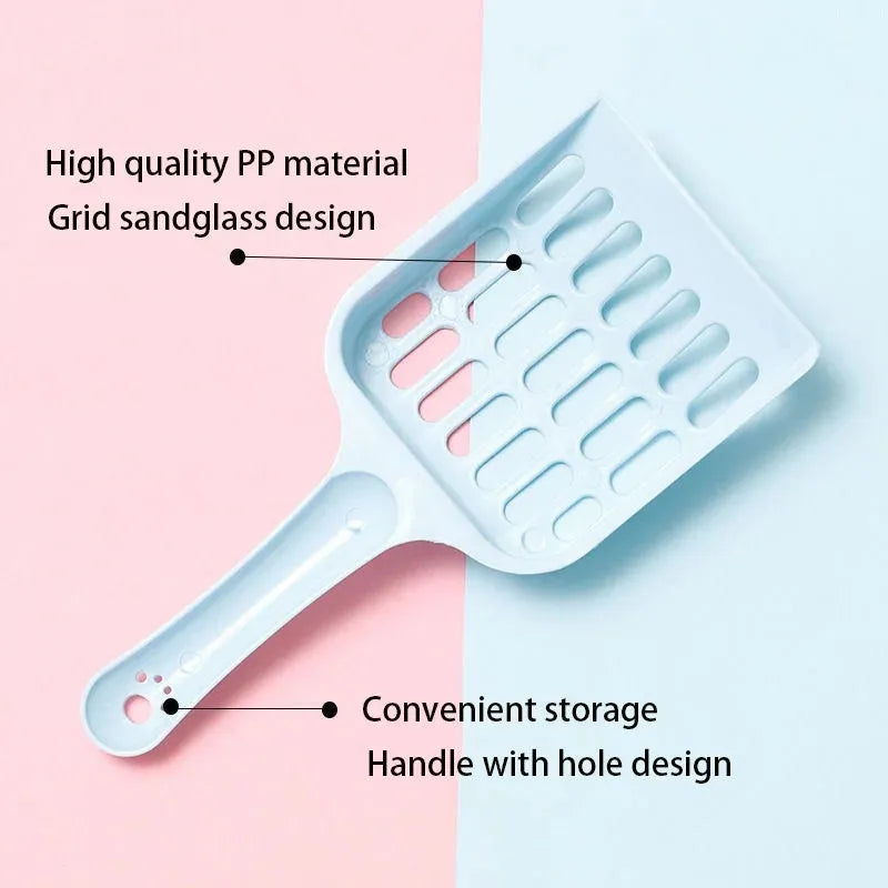 Plastic cat litter scoop in blue on a white background, showing handle and perforated scoop area.
