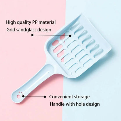 Plastic cat litter scoop in blue on a white background, showing handle and perforated scoop area.