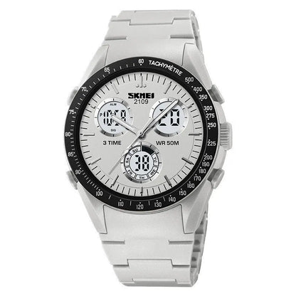 Electronic casual watch with resin mirror and TPU strap showing camouflage pattern, 50m water resistant