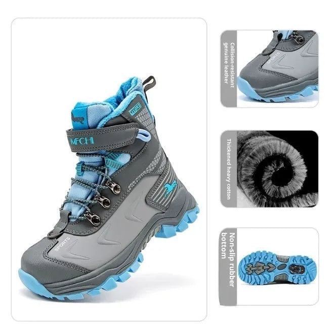 Winter anti-slip snow boots for older children, cow suede nubuck upper, Velcro strap, army green colour