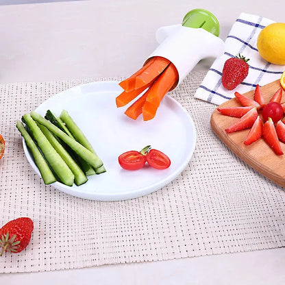 White ABS plastic kitchen slicer with six visible stainless steel blades for cutting cucumbers, carrots, and strawberries.