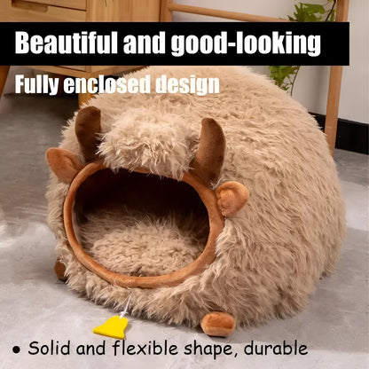 Brown yak shaped semi-enclosed cat cave bed with cover, 45 x 40 x 40 cm, for indoor and outdoor pet use