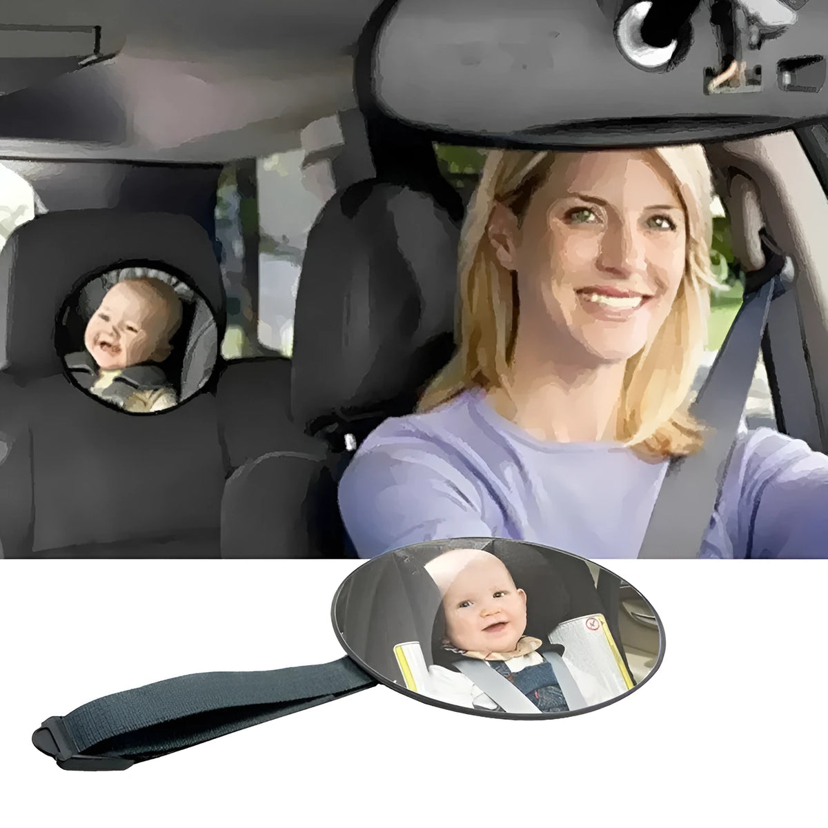 Black ABS baby safety rearview mirror with 17cm glass and adjustable strap for car headrest.