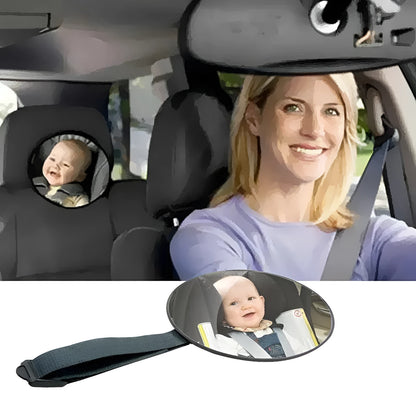 Black ABS baby safety rearview mirror with 17cm glass and adjustable strap for car headrest.
