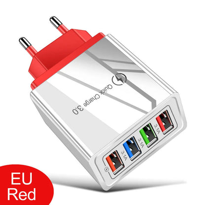 Four-port USB mobile phone charging head with luminous indicator in multiple colour options
