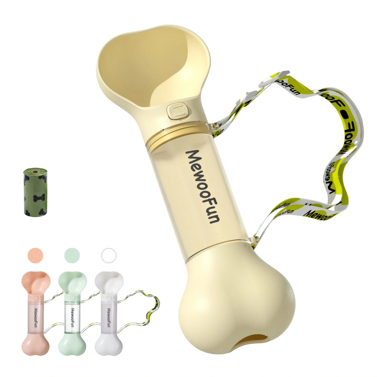 Mewoofun 2-in-1 pet water bottle and feeder bowl in white, green, yellow, and pink