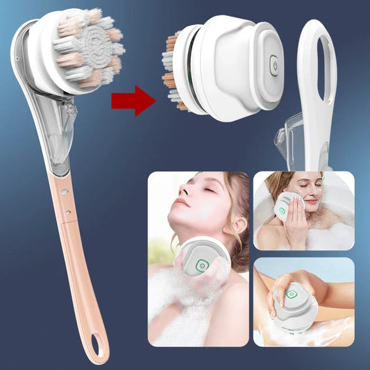 6-in-1 Electric Bath Brush with Silicone Heads, 3 Cleaning Modes, and Long Handle for Full-Body Cleansing and Massage