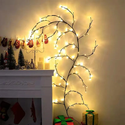 Flexible LED vine garland with bendable branches and 144 warm white lights for room decor