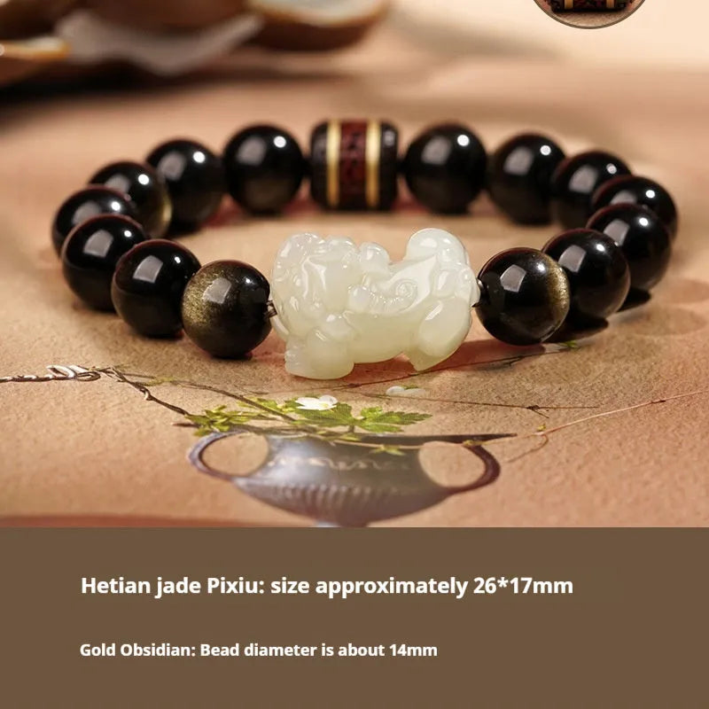 Hetian jade bracelet with black and red adjustable ropes in traditional Chinese design