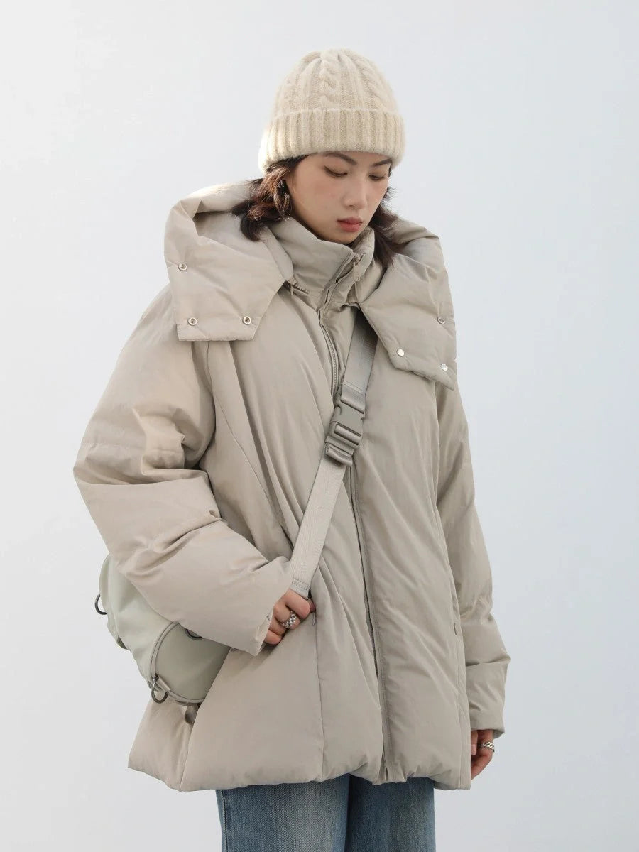 Stylish duck down jacket with detachable hood in black and khaki