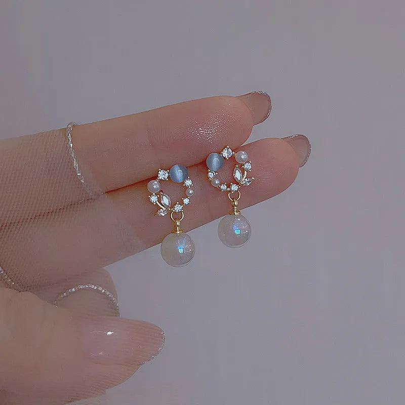 Blue Opal Fairy Fish Pearl Stud Earrings with Rhinestone and 925 Silver Needle, Geometric Irregular Asymmetric Double Ring Design, 2.4 cm Alloy Ear Studs for Women