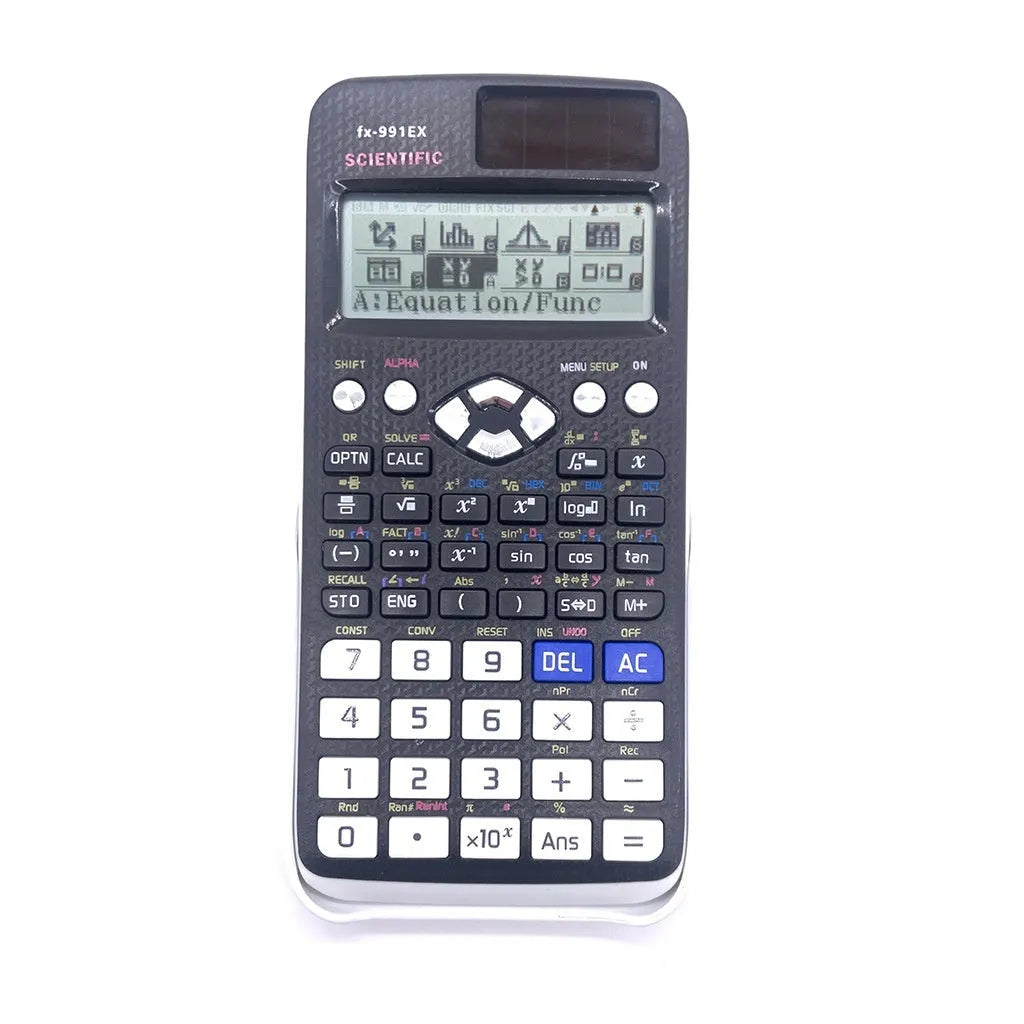 991EX scientific calculator in black, blue, or pink for complex statistics and algebra.
