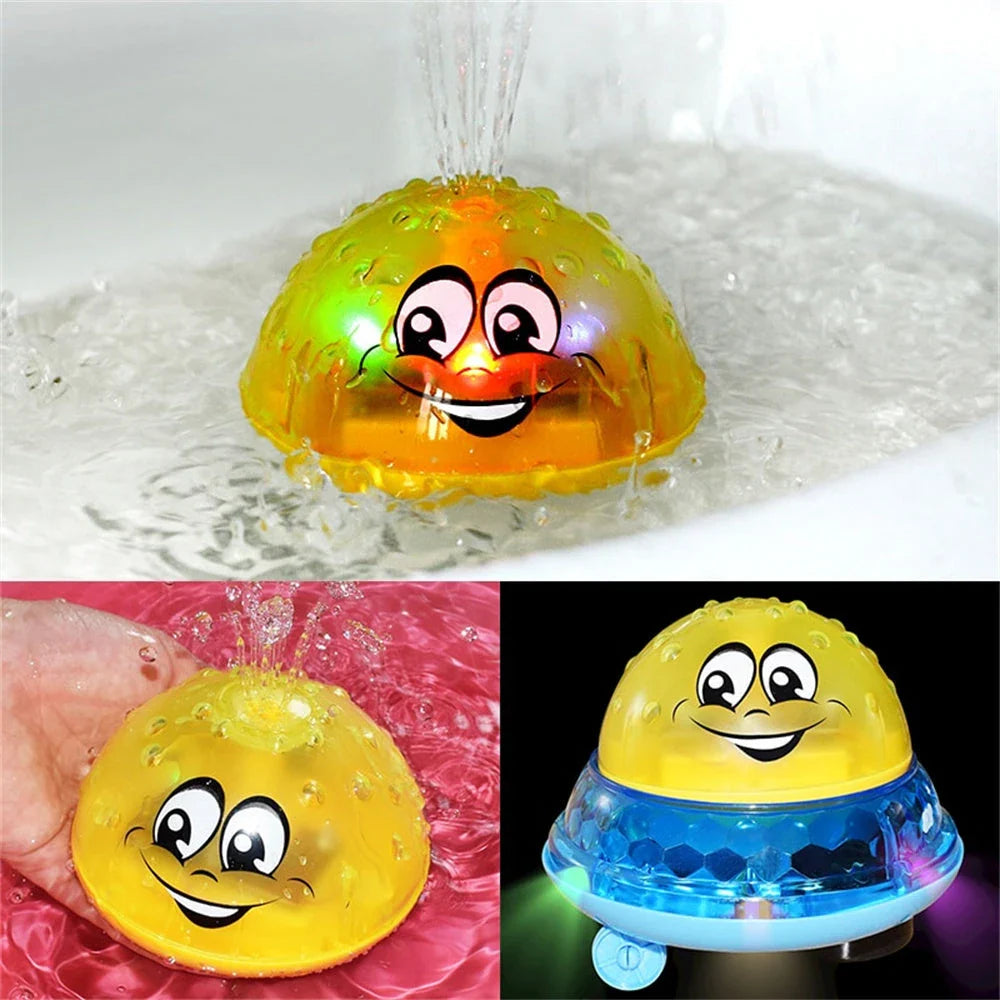 Colorful spray water fountain toy with rotating water display, perfect for toddlers' bath time fun