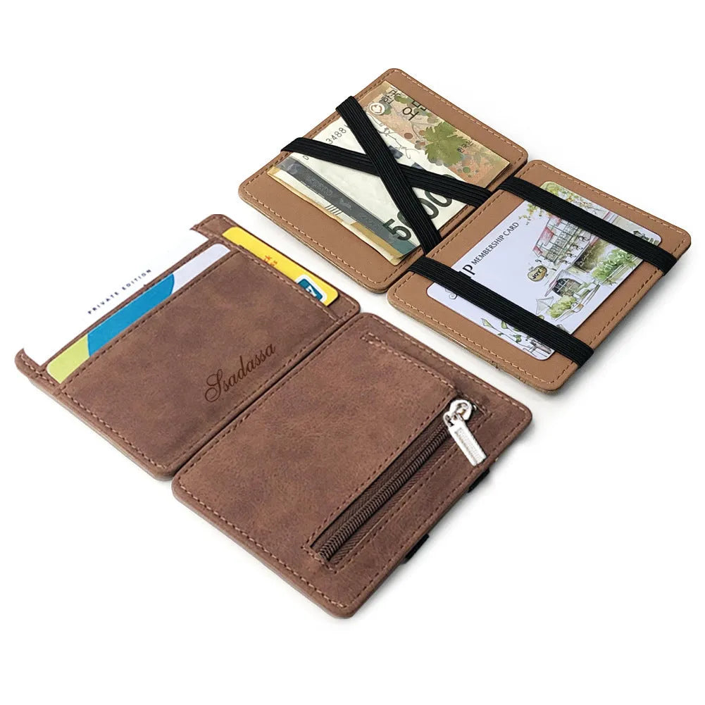 Korean style matte leather magic wallet showing horizontal square design and coin pocket