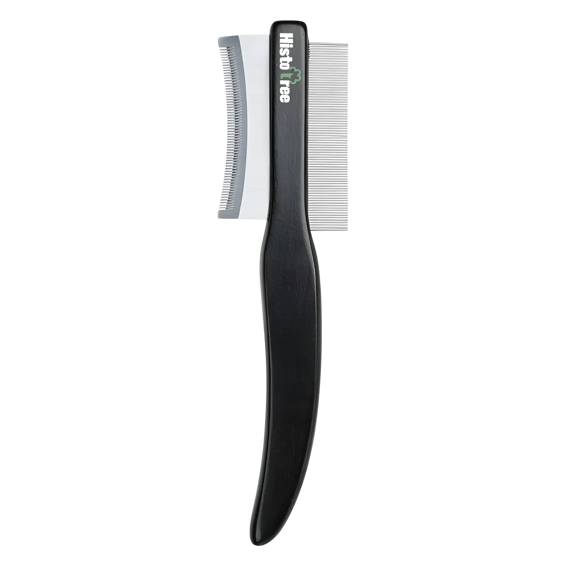 Black double-sided pet hair comb with wooden handle and metal teeth for cat and dog grooming