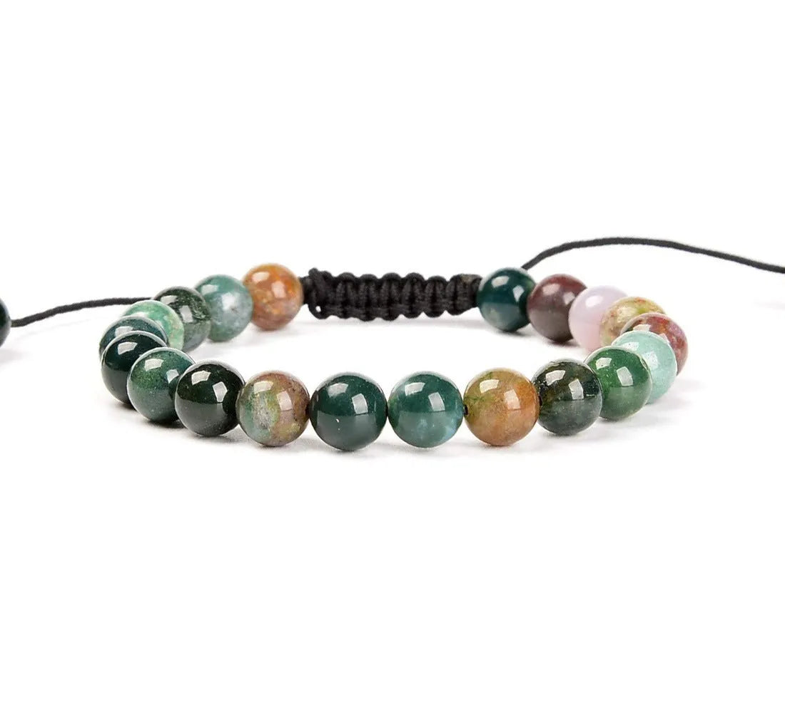 Women's flat knot braided healing bracelet hand-woven with natural gemstone beads in geometric pattern